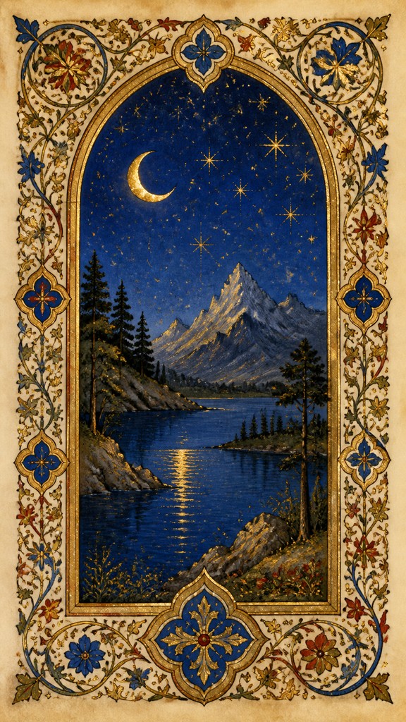 a tranquil mountain lake beneath a starry night sky, no people, no text