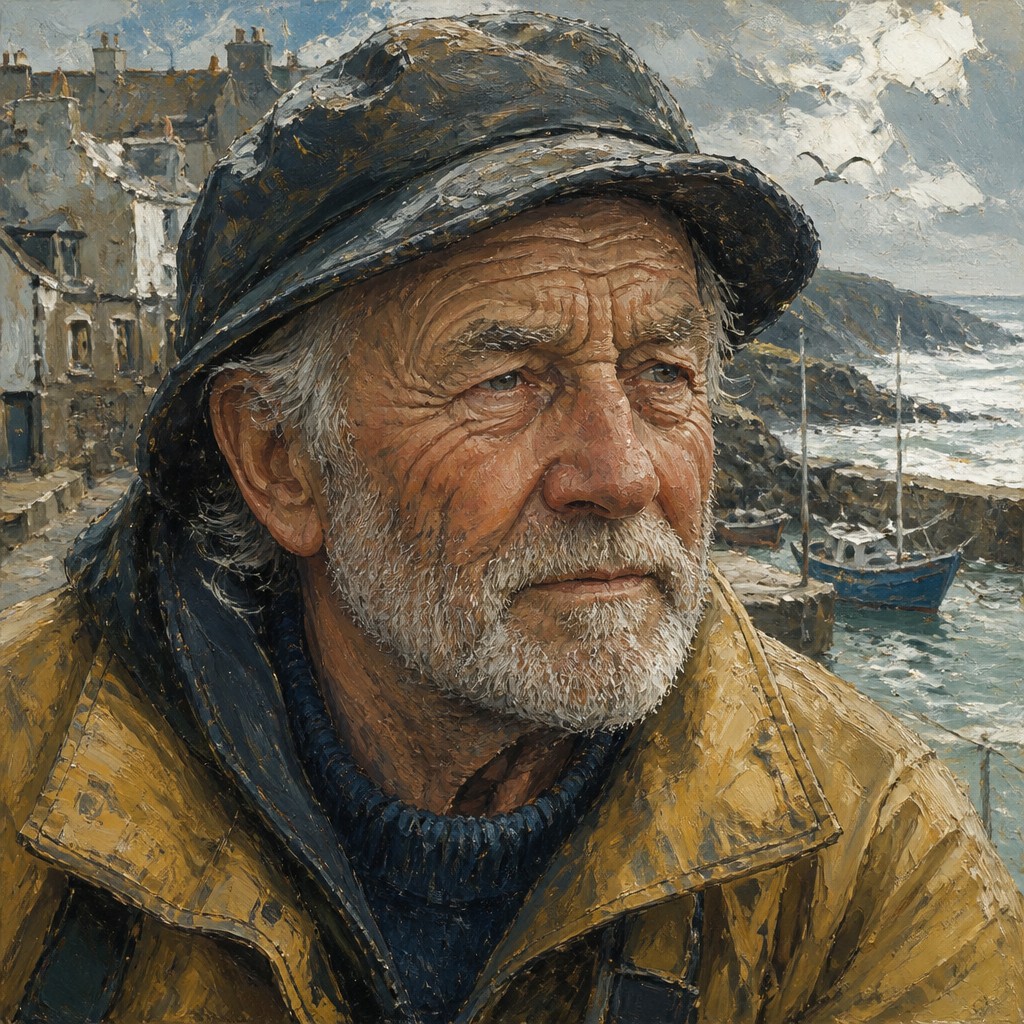 close-up portrait of an elderly person with expressive weathered features — Cornwall Plein Air Art Style