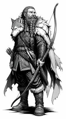 full-body original character: a dwarven ranger with a braided auburn beard, worn leather armor, a longbow and a wolf-pelt cloak, neutral background, no text