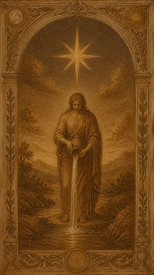 a robed figure pouring water beneath a large eight-pointed star in a night sky, symmetrical composition with an ornate decorative border, no text