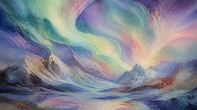 a flowing aurora over snowy peaks, wide sweeping composition, no people, no text