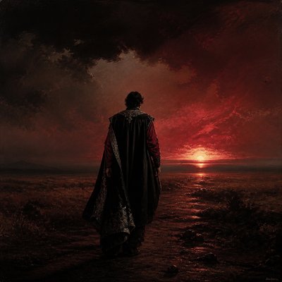 a solitary figure walking toward a glowing horizon across an empty plain, moody atmosphere, no text or lettering