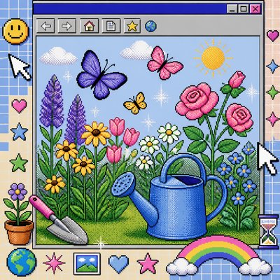 a garden scene with butterflies, flowers and a watering can, clean uncolored line art, no text