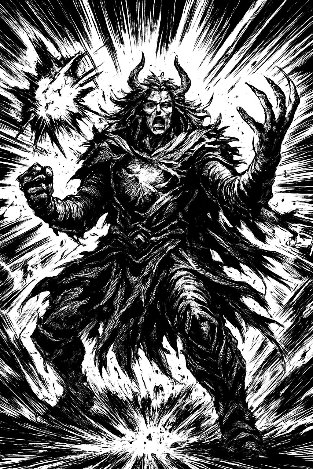 a black and white drawing of a demon