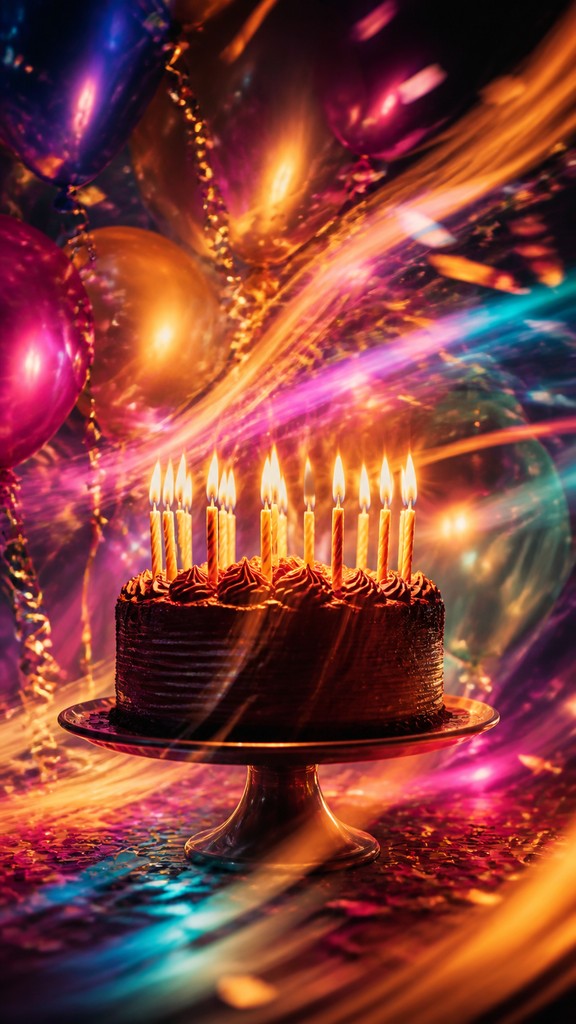 a birthday cake with lit candles surrounded by balloons and confetti, festive vertical composition, no text