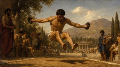Greek ignudi athlete competing in the long jump game with weights held in his hands