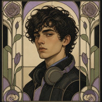 head-and-shoulders portrait of an original character: a young man with curly dark hair and headphones around his neck, plain backdrop, no text