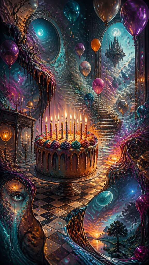 a birthday cake with lit candles surrounded by balloons and confetti, festive vertical composition, no text