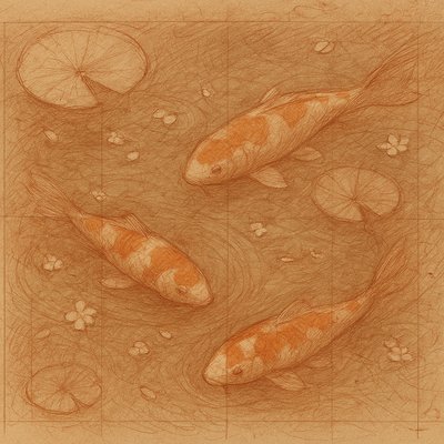 A koi pond seen from above, orange and white koi fish swimming among lily pads, clear water with subtle ripples, fallen cherry blossom petals floating on the surface, dappled sunlight