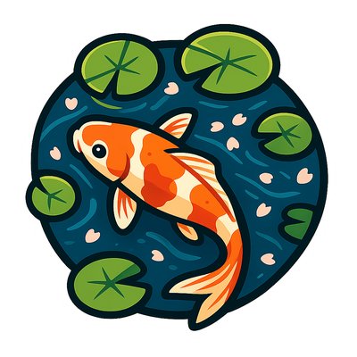 A koi pond seen from above, orange and white koi fish swimming among lily pads, clear water with subtle ripples, fallen cherry blossom petals floating on the surface, dappled sunlight