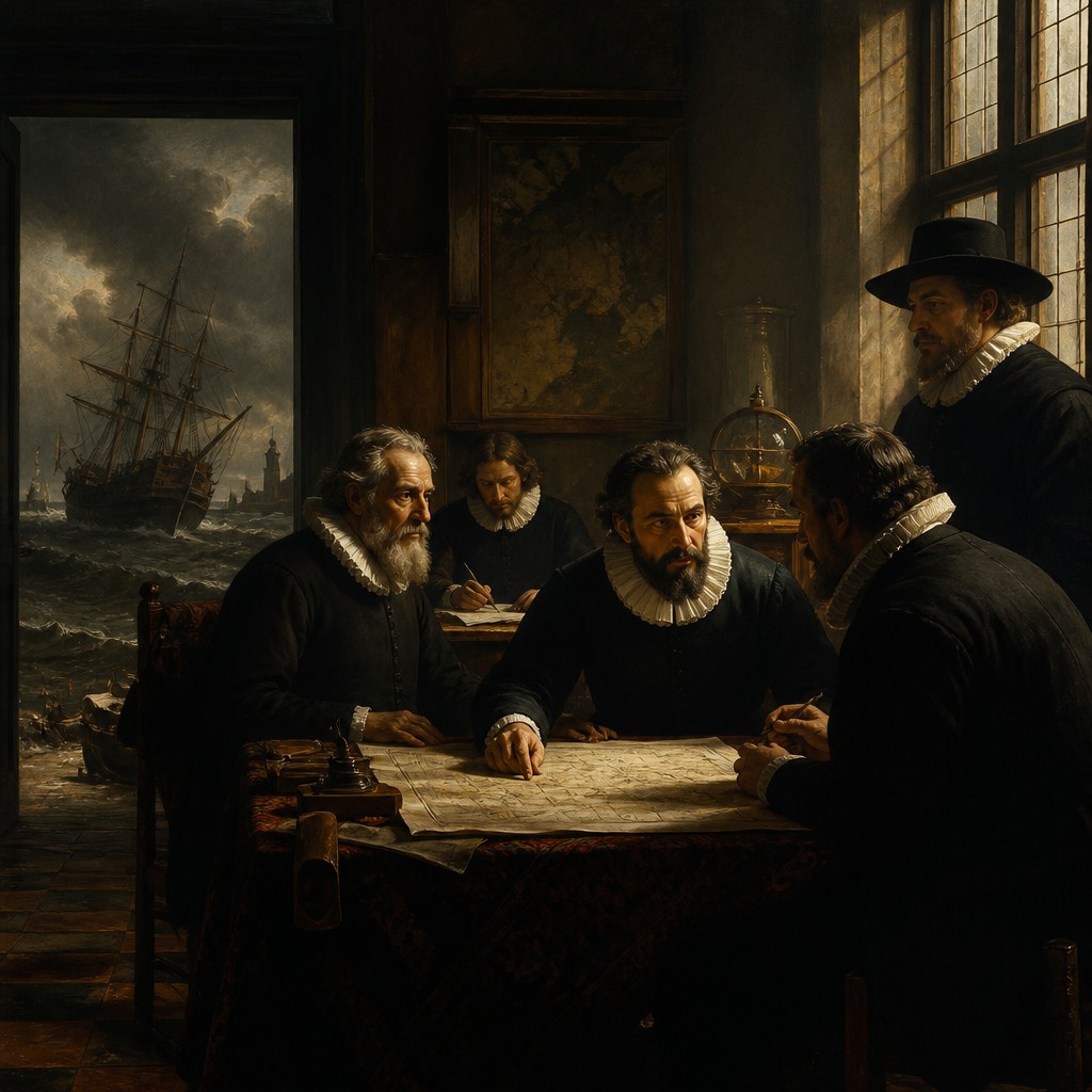 sailing ship on a stormy sea — Amsterdam Golden Age Art Style