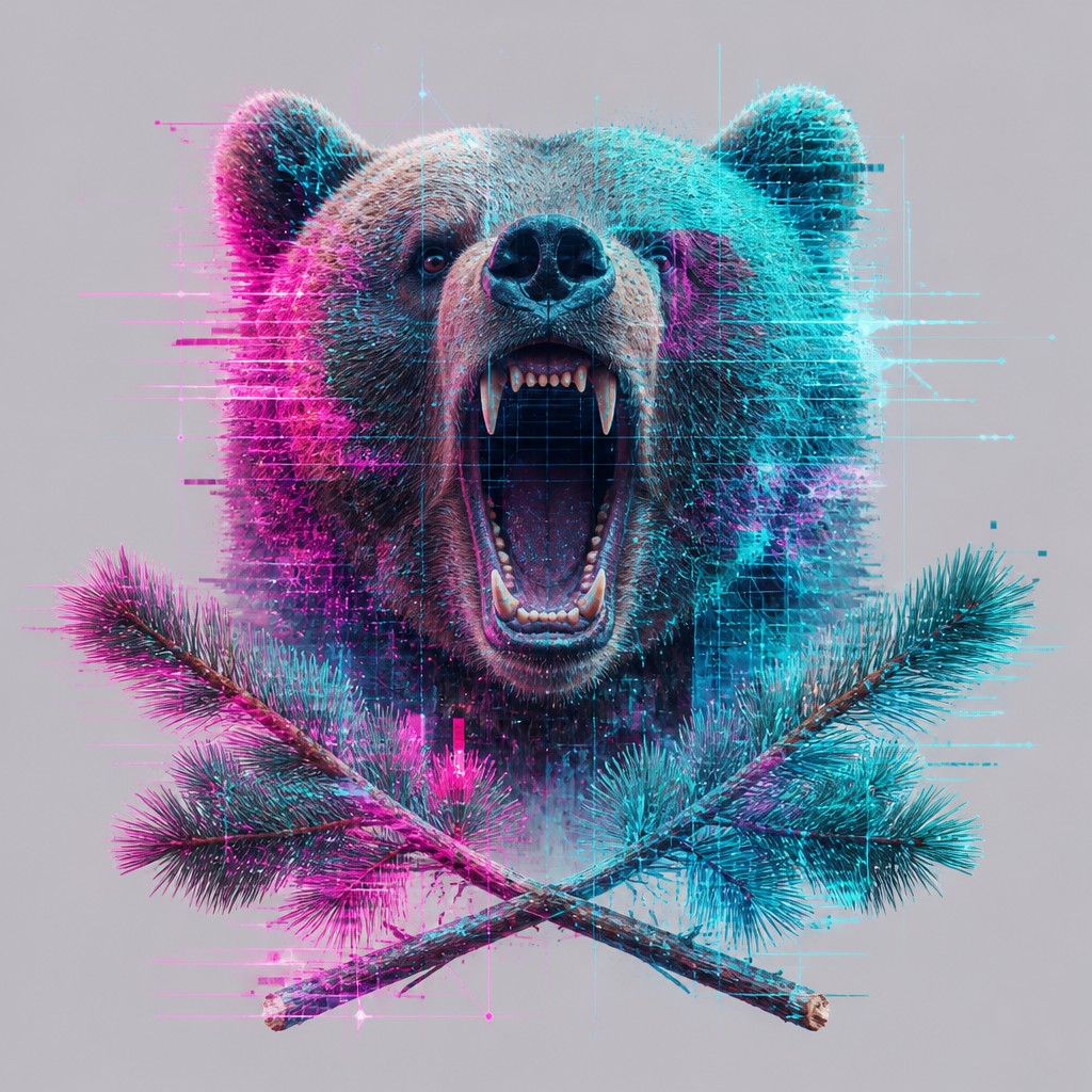 a roaring bear head above crossed pine branches, bold graphic composition on a plain background, no text