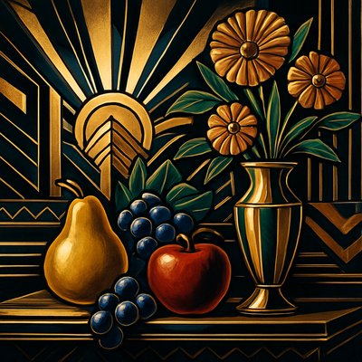 still life arrangement of fruits and flowers