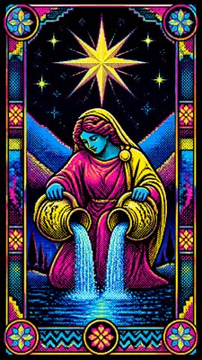 a robed figure pouring water beneath a large eight-pointed star in a night sky, symmetrical composition with an ornate decorative border, no text