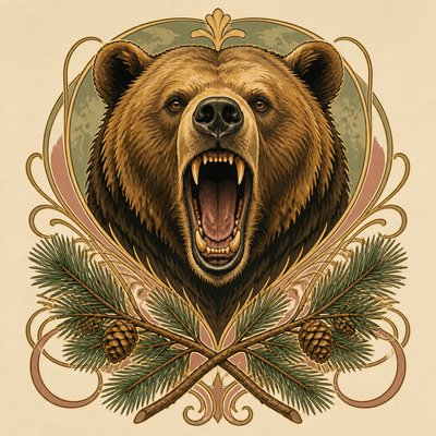 a roaring bear head above crossed pine branches, bold graphic composition on a plain background, no text