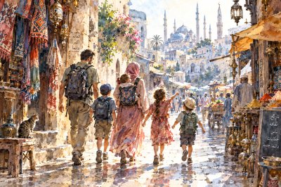 A street scene in a majority world city (perhaps the middle east or asia).  A young man and his wife and 3 children walk away from the camera into this city, with all its history and culture.  They're off to discover and learn about this new old world.  The youngest child is in a pack on her back, and dad has a day pack.  The kids are as excited as the parents.  What will today hold?
