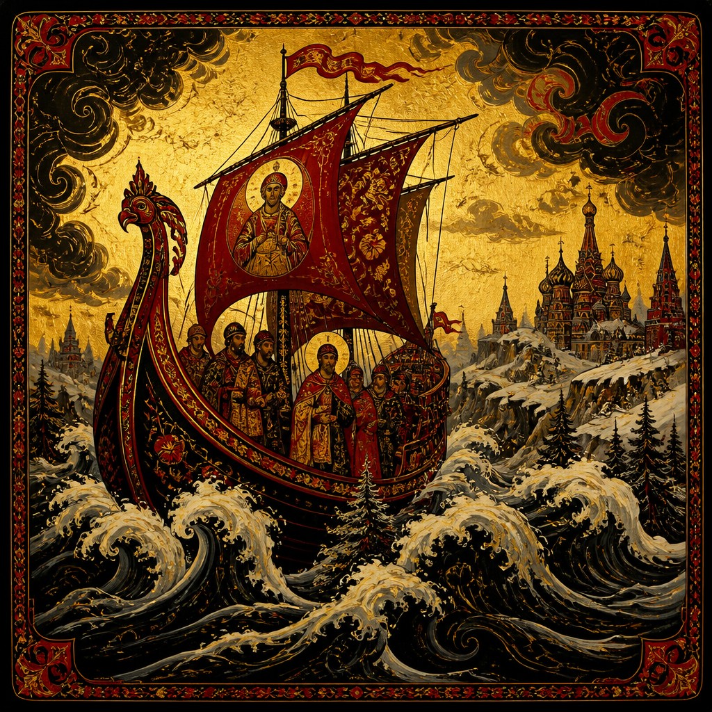 sailing ship on a stormy sea — Russian Art Style