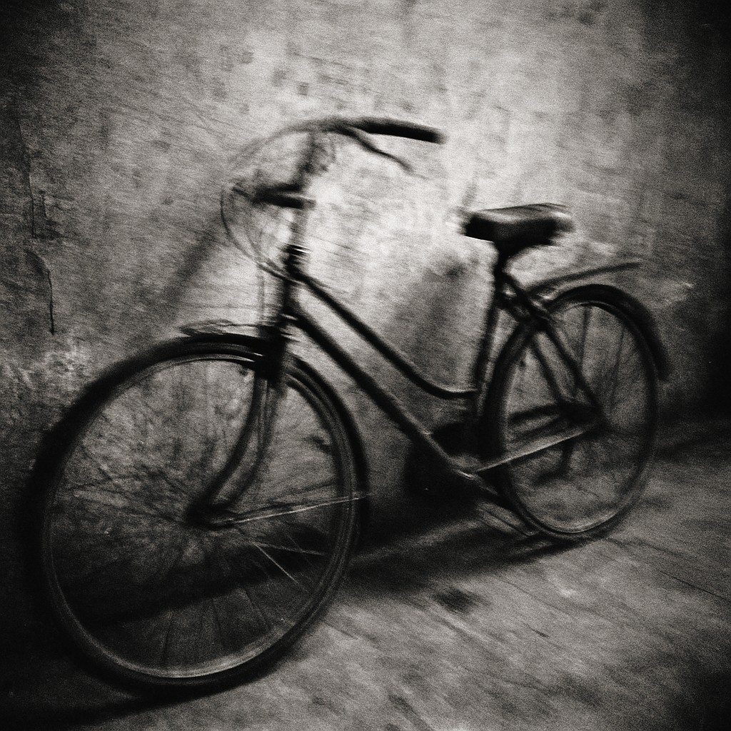 bicyle resting against a wall
