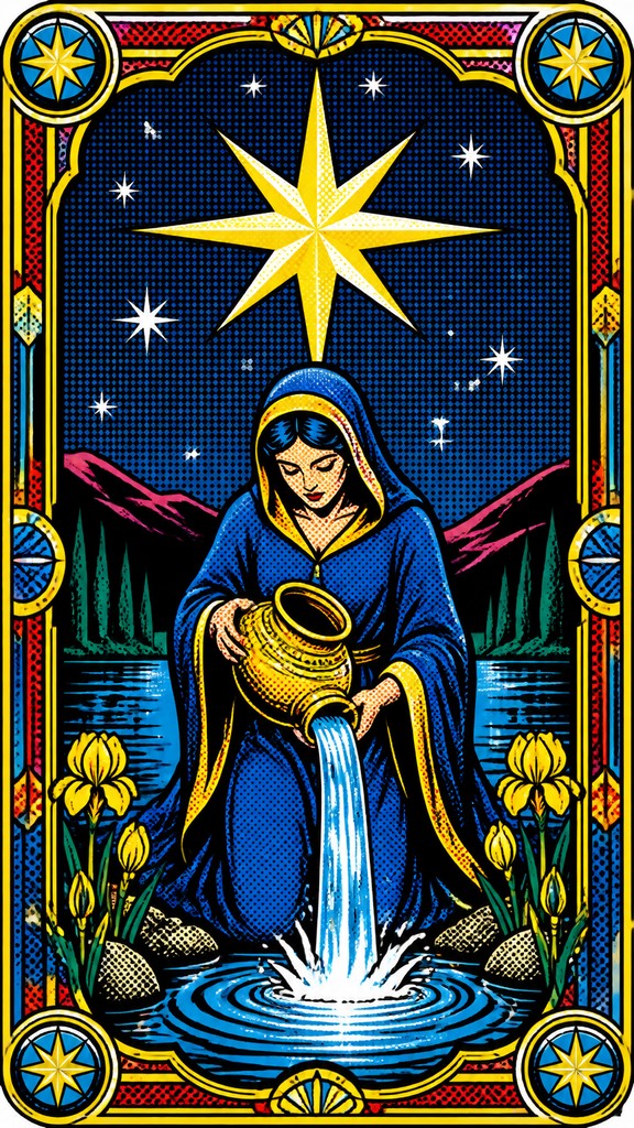 a robed figure pouring water beneath a large eight-pointed star in a night sky, symmetrical composition with an ornate decorative border, no text