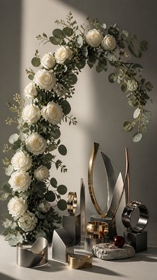 an arch of white roses and eucalyptus in soft morning light, elegant vertical composition with open space, no text