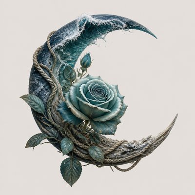 a rose entwined with a crescent moon, clean balanced composition on a plain background, no text