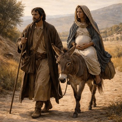 Joseph walking next to Mary that pregnant riding on a donkey to Bethlehem