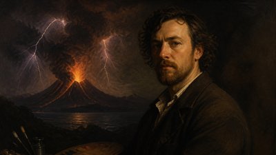 an erupting volcano with lightning strikes, dramatic wide composition, no text