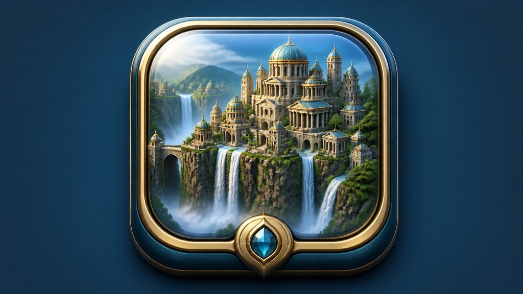 a cliffside city with waterfalls cascading into a misty canyon, wide establishing shot, no people, no text
