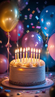 a birthday cake with lit candles surrounded by balloons and confetti, festive vertical composition, no text