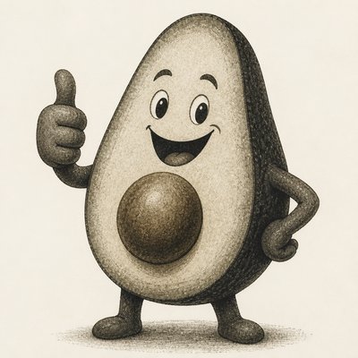 a happy avocado character giving a thumbs up, bold readable design on a plain background, no text
