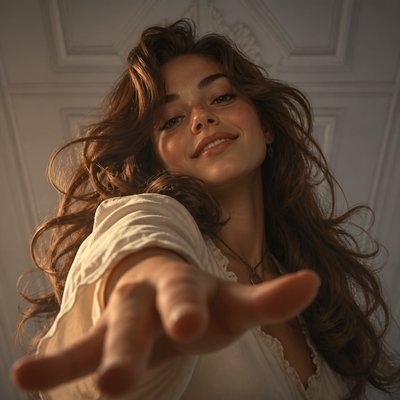 head-and-shoulders portrait of an original character: a young woman with wavy chestnut hair and a warm smile, plain soft backdrop
