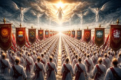 An epic, wide-angle cinematic masterwork of the 144,000 servants of God, divided into twelve massive, disciplined ranks in a valley of white stone. Each rank is led by a towering, ornate scarlet silk banner with gold-embroidered edges. 
The Banners: Distinct symbols are visible on each: a Lion (Judah), Sun over Water (Reuben), Military Tent (Gad), Olive Tree (Asher), Leaping Deer (Naphtali), Fruitful Vine (Manasseh), City Gate (Simeon), Priestly Breastplate (Levi), Celestial Stars (Issachar), Sailing Ship (Zebulun), Wheat Sheaf (Joseph), and Silver Wolf (Benjamin).
The People: In the foreground, the men wear crisp white linen robes with deep Tola-scarlet sashes. Every individual has a brilliant, glowing Golden Seal physically shimmering on their forehead, casting a divine light upward.
The Heavens: In the far distance, four colossal, translucent angels stand at the horizon, their massive wings outstretched to physically block swirling, dark storm-vortices (the four winds). A fifth angel, radiant in pearlescent light, descends from a golden sunrise in the East.
Style: High-contrast chiaroscuro, intricate embroidery textures, hyper-detailed faces, 8k resolution, ArtStation masterpiece. Absolutely no English text or letters.