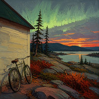bicyle resting against a wall — Canadian Art Style