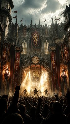 a live music scene with a glowing stage and silhouetted crowd, energetic vertical composition with open space at the top, no text