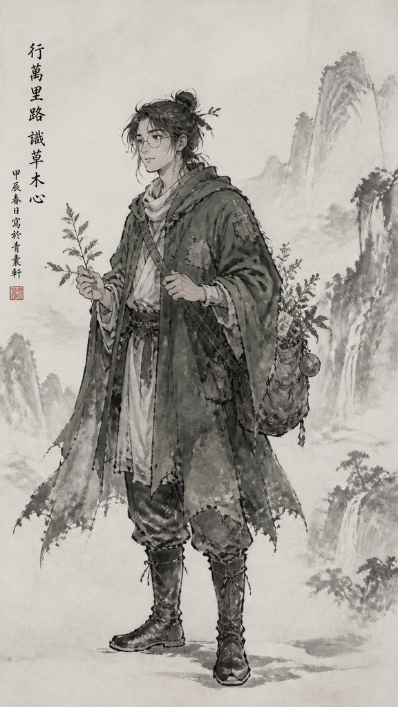 full-body original character: a wandering botanist with a satchel of plants, a patched green cloak, tall boots and round glasses, neutral background