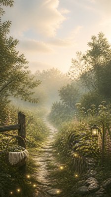 a mysterious forest path with fireflies and drifting mist, atmospheric vertical composition with open space at the top, no text