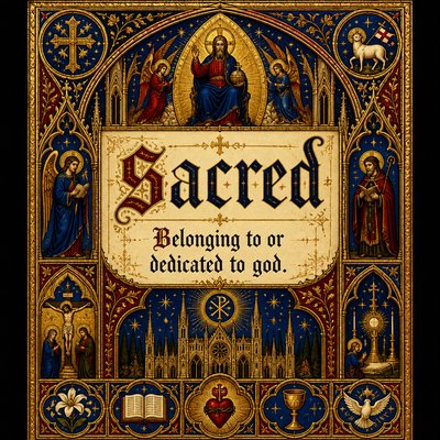 Please create a flashcard for the spelling word: "sacred" and it's definition: "Belonging to or dedicated to god."
