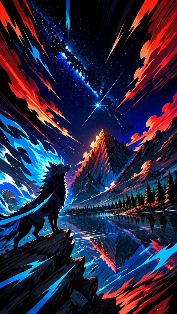 a tranquil mountain lake beneath a starry night sky, no people, no text