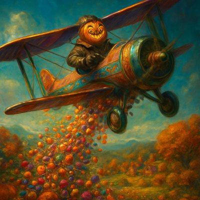 A fantastically cheerful and dynamic scene featuring the happy pumpkin-head figure (with the swirled, smiling carved face and internal glow) as the pilot of a classic, brightly colored biplane. The biplane itself is whimsically designed, perhaps with candy-themed accents or painted in vibrant, cheerful colors like orange, purple, and green.

The biplane is soaring through a clear, azure autumn sky, actively 'crop-dusting' a massive, exuberant stream of colorful Halloween candy from its underside. The candy (an abundant mix of wrapped chocolates, lollipops, candy corn, and various sweets) cascades downwards in a wide, joyous plume, spreading across the landscape below.

The landscape beneath the biplane is an idyllic, festive autumnal scene: rolling hills covered in vibrant fall foliage (golden, red, orange trees), a charming pumpkin patch, or a quaint, candy-colored village. The perspective is dynamic, capturing the plane in motion with the candy streaming behind it. The lighting is bright and sunny, emphasizing the vivid colors of the plane, the candy, and the autumn scenery. The overall mood is one of pure, unadulterated joy, playful magic, and festive exuberance, like a sugary parade from the sky." 