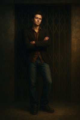 a painting of a man in a dark room