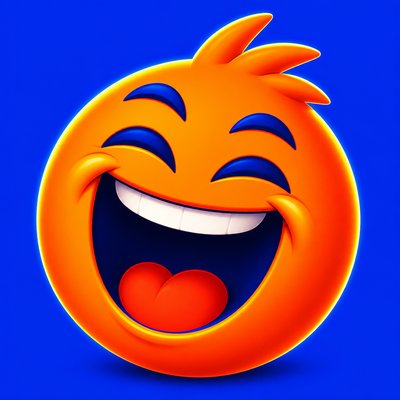 an exaggerated laughing face of an original round mascot character, bold and readable at small size, plain background, no text