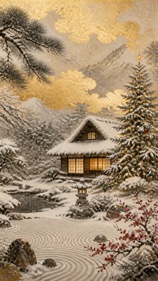 a snow-covered cottage with warm glowing windows beside a decorated pine tree, gentle snowfall, no text