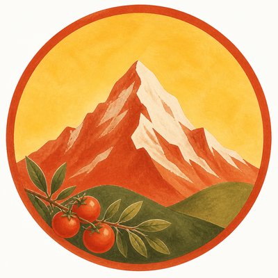 an emblem of a mountain peak inside a circle, simple bold shapes on a plain background, no text or lettering