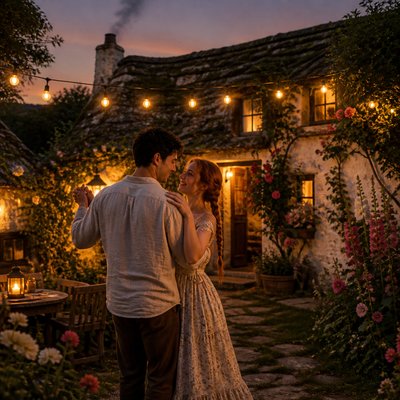 an original couple dancing under string lights in a garden at dusk: a man with short black hair in a linen shirt and a woman with braided red hair in a summer dress