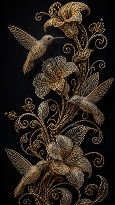 a climbing vine of flowers and hummingbirds on a dark background, tall wrapping composition, no text