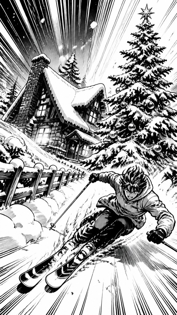a snow-covered cottage with warm glowing windows beside a decorated pine tree, gentle snowfall, no text