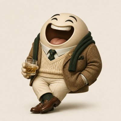an exaggerated laughing face of an original round mascot character, bold and readable at small size, plain background, no text