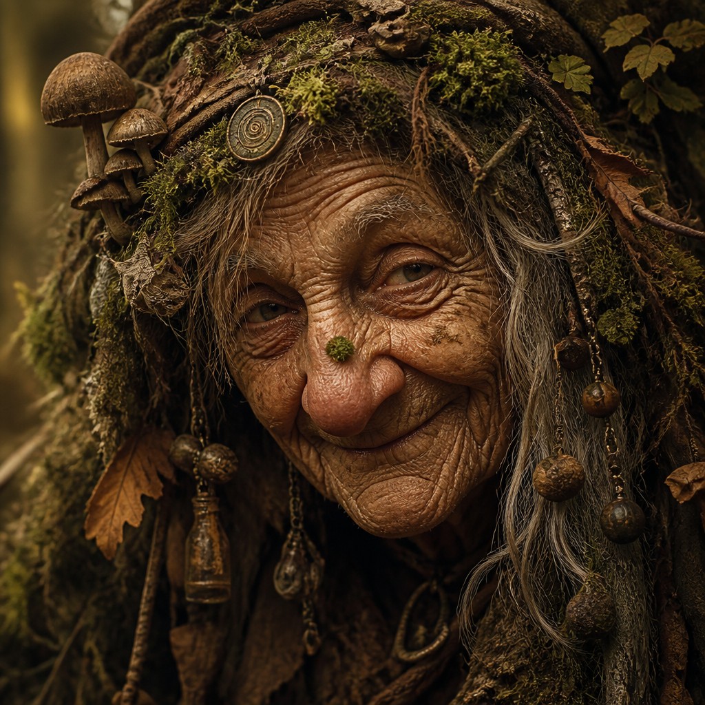 close-up portrait of an elderly person with expressive weathered features — Goblincore Aesthetic