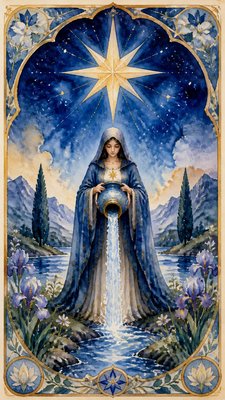 a robed figure pouring water beneath a large eight-pointed star in a night sky, symmetrical composition with an ornate decorative border, no text