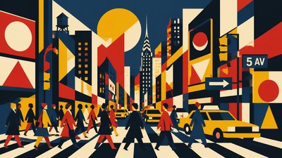 bustling city street panorama at dusk